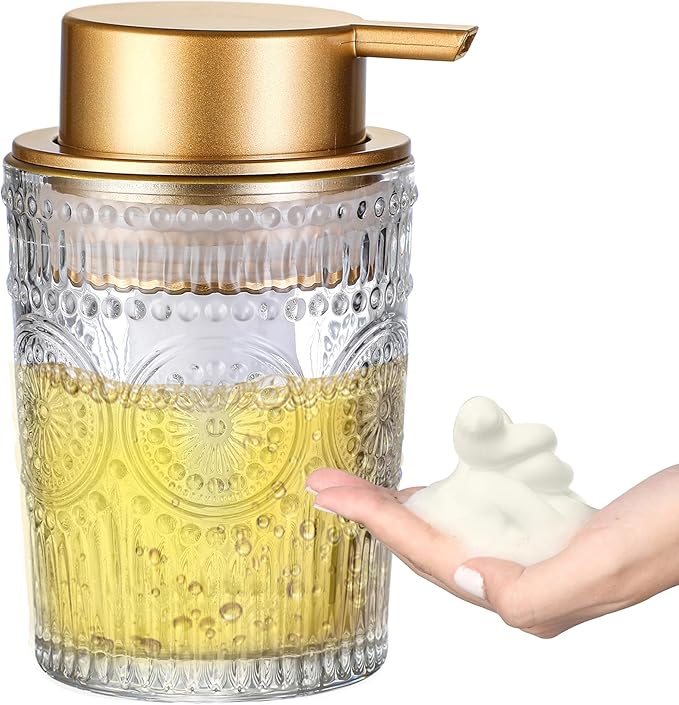 8 Oz Glass Foam Soap Dispenser, Clear Hand Liquid Bottles with Gold Plastic Pump, Refillable Round Foaming Lotion Dispensing for Kitchen Sink & Bathroom Counter
