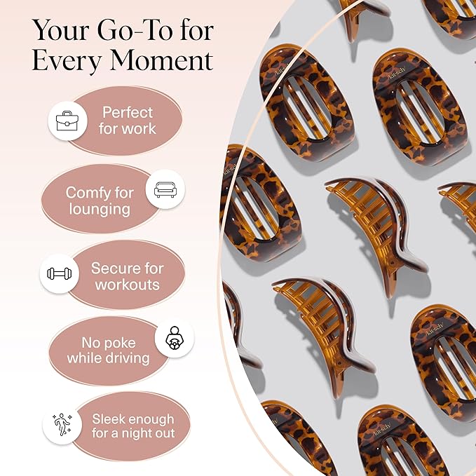 Kitsch Large Flat Claw Clips for Women - Stylish Flat Hair Clips, Strong Hold for Thick & Fine Hair | Non-Slip for Secure, Comfortable All-Day Wear | Ideal Gifts for Women - Tortoise Design