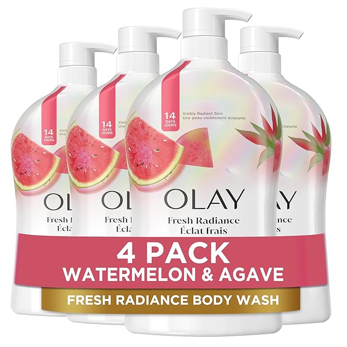 Olay Body Wash for Women, Fresh Radiance, Refreshing & Renewing, Made with Plant Based Cleansers, B3 Botanical Complex, For All Skin Types, Watermelon & Agave Scent, 33 fl oz (Pack of 4)