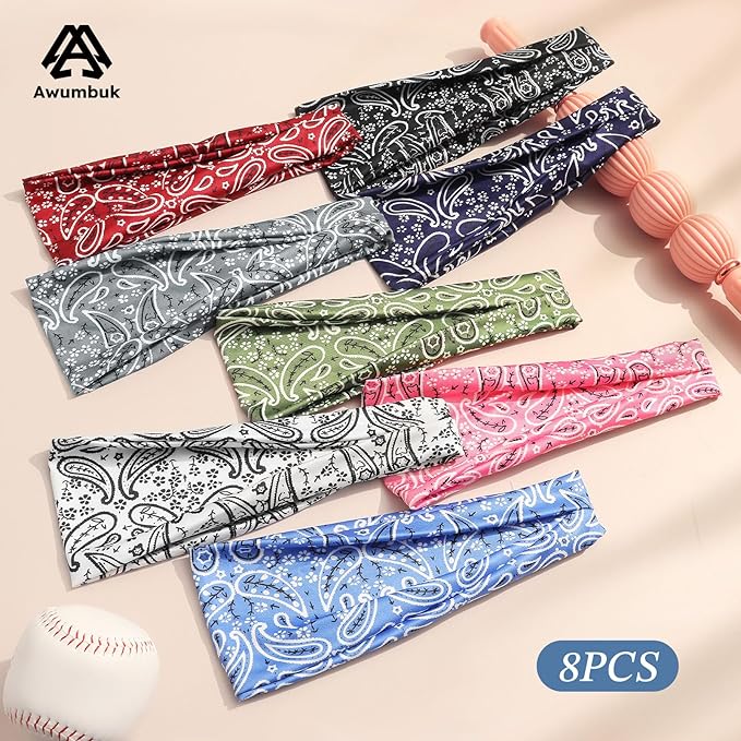 Headbands for Women, 8 Pack Non-Slip Moisture Wicking Sports Wide Head Bands, Stretchy Elastic Fabric, Multiple Colors Securing Hair for Fashion, Sports, Yoga, Running, Daily Life