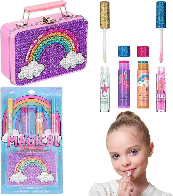 5pc Rainbow Rhinestones Cosmetics Lip Kit For Kids w/Lip Glosses, Lip Balms & Tin Box Storage Case "Magical" Lip Set,Washable + Non Toxic