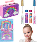 5pc Rainbow Rhinestones Cosmetics Lip Kit For Kids w/Lip Glosses, Lip Balms & Tin Box Storage Case "Magical" Lip Set,Washable + Non Toxic