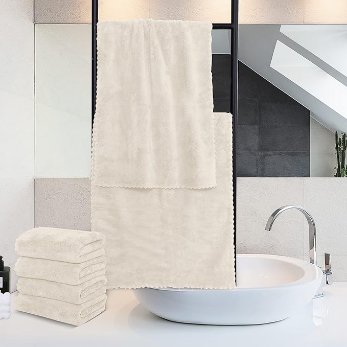 MOONQUEEN 6 Pack Premium Hand Towels - Quick Drying - Microfiber Coral Velvet Highly Absorbent Towels - Multipurpose Use as Hotel, Bathroom, Shower, Spa, Hand Towel 16 x 28 inches (Cream)