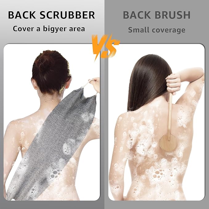 Extended Exfoliating Back Scrubber with Handles, Nylon Cleaning Exfoliator Washcloth for Body, Stretchable Pull Strap Soft Quick-Drying Rough Scrub Towel, Grey