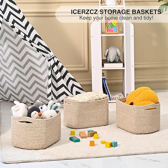 Small Storage Baskets for Shelves Organizing, Woven Cotton Rope Baskets for Storage, Book Basket, Decorative Shelf Basket, 12.5"Lx9.1''Wx7.9''H (4 Packs) Mixed Brown