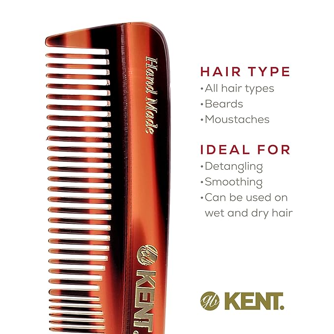 Kent R7T Fine and Wide Tooth Hair Comb, Pocket Comb for Men, Best Beard and Mustache Comb for Everyday Grooming and Styling, Handmade Sawcut and Polished, Made in England