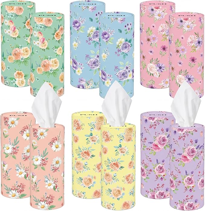 Outus 12 Pcs Spring Floral Car Tissues Cylinder Holder Flowers Round Tissue Box Cup Holder 3 Ply Facial Napkins Napkins Container for Car Home Office Dispenser Travel