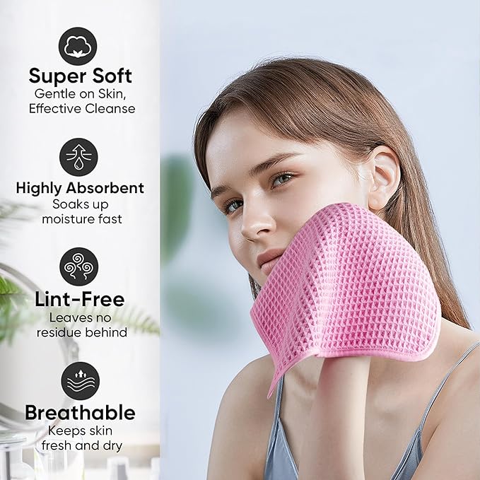 Microfiber Waffle Face Towels, 4 Pieces, Soft, Absorbent, Fast Drying, Lint Free 430 GSM (Pink)