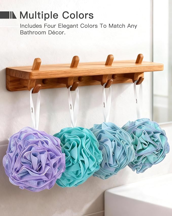 Loofah Sponge 70g, 6.3 Inch Large Exfoliating Bath Sponge, Soft Durable PE Mesh with Reinforced Knotting, Rich Lather Bath Scrubber for Body, for Travel or as a Holiday Gift (4Pack, Green-Blue)