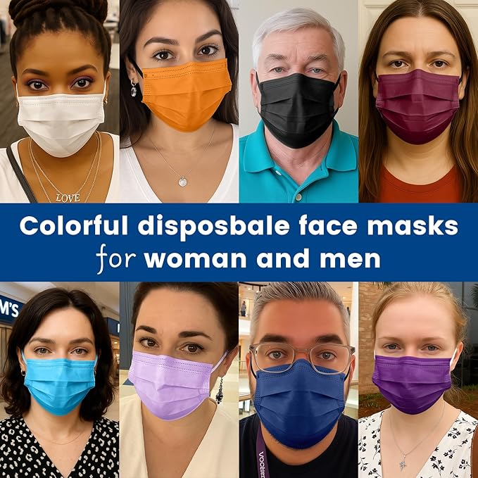 Disposable Face Mask for Adults - 4 Ply Protection, Individually Wrapped 50 Pack, 10 Colors, Breathable Comfortable & Safe