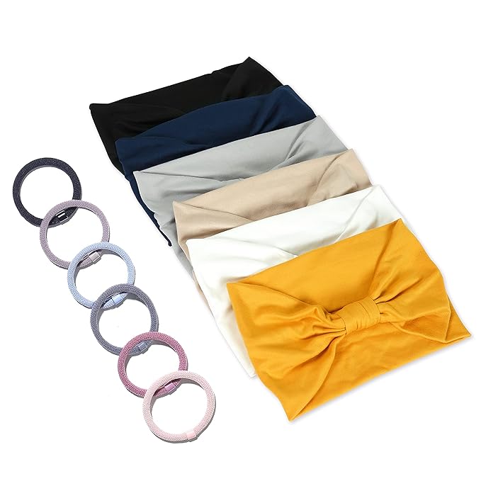 GiLi 6 Pack Wide Headbands for Women Non Slip Soft Elastic Hair Bands Yoga Running Sports Workout Gym Head Wraps, Knotted Cotton Cloth African Turbans Bandana (with 6 Pcs Hair Ties)