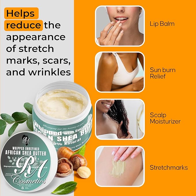 RA COSMETICS Whipped Shea Butter with Eucalyptus Oil – 100% Unrefined Shea Body Butter from Ghana – Moisturizes Skin, Nourishes & Conditions Hair – Softens and Smooths Lips, Hands & Feet – 12oz