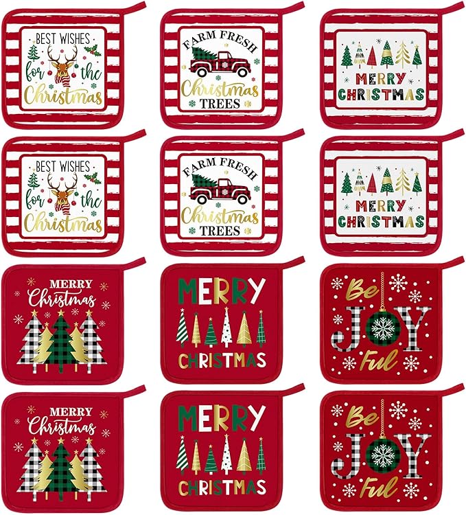 Bencailor 12 Pcs Pot Holders with Pocket Kitchen Hot Potholders Hot Pad Oven Mitts Cookie Bag Oven Gloves for Kitchen Gift Baking Cooking(Red,Novelty)