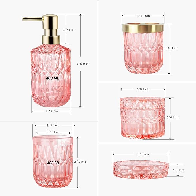 5pcs Clear Glass Bathroom Accessories Set, Crystal Pink Bathroom Decor Set, Soap Dispenser, Toothbrush Holder Set, Soap Dish, Tumbler, Qtips Holder, Modern Decor for Bathroom, Gift Set