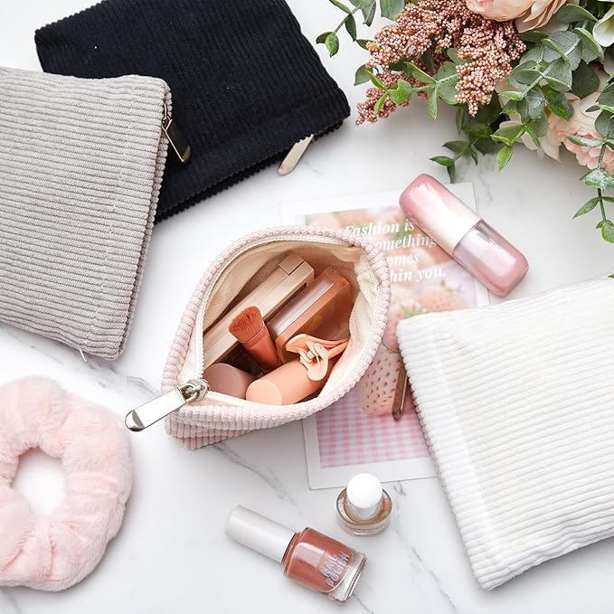 Abbylike 4 Pcs Small Makeup Bag Corduroy Cosmetic Pouch with Zipper Portable Little Bags for Purse Mini Pouch Cute Makeup Purse for Coin Essentials Items Women(Simple)