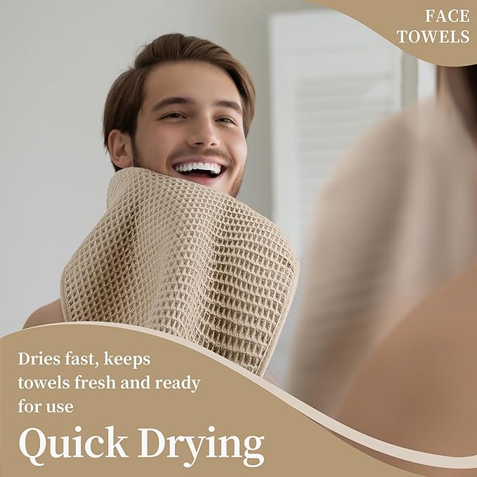 Microfiber Waffle Face Towels, 4 Pieces, Soft, Absorbent, Fast Drying, Lint Free 430 GSM (Beige)