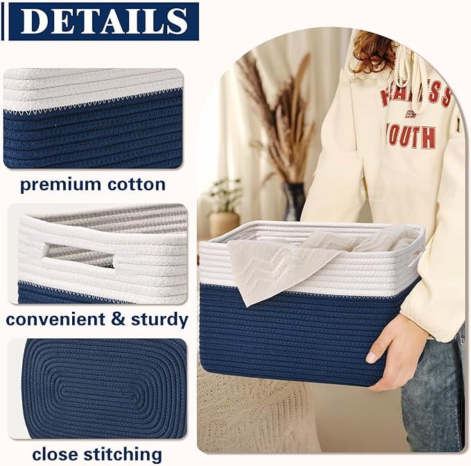 Storage Baskets for Organizing, 4 Pack Baskets for Shelves, Decorative Storage Bins for Shelves, Cotton Rope Storage Basket with Handles, Woven Basket for Storage, 13''Lx8.7''Wx7.9''H, White & Blue