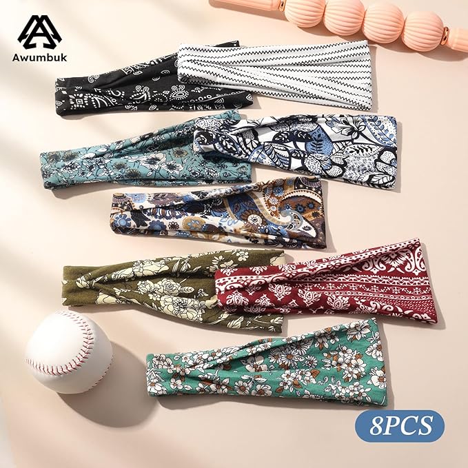 Headbands for Women, 8 Pack Non-Slip Moisture Wicking Sports Wide Head Bands, Stretchy Elastic Fabric, Multiple Colors Securing Hair for Fashion, Sports, Yoga, Running, Daily Life