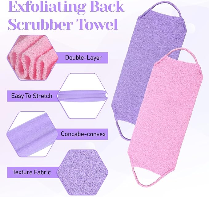 2 Pack Exfoliating Back Scrubber for Shower, Nylon Exfoliating Washcloth Back Washer for Shower with Handles, Stretchable Pull Strap Bath Scrubber for Body Women Men Clean Skin Deeply(Pink, Purple)