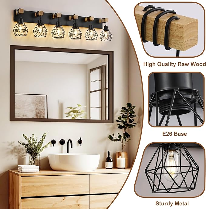 Farmhouse Bathroom Vanity Light Fixtures, 6-Light Wood Bathroom Light Fixtures Over Mirror, Rustic Sconces Wall Lighting with Elegant Metal Lampshade for Living Room, Bedroom, Hallway