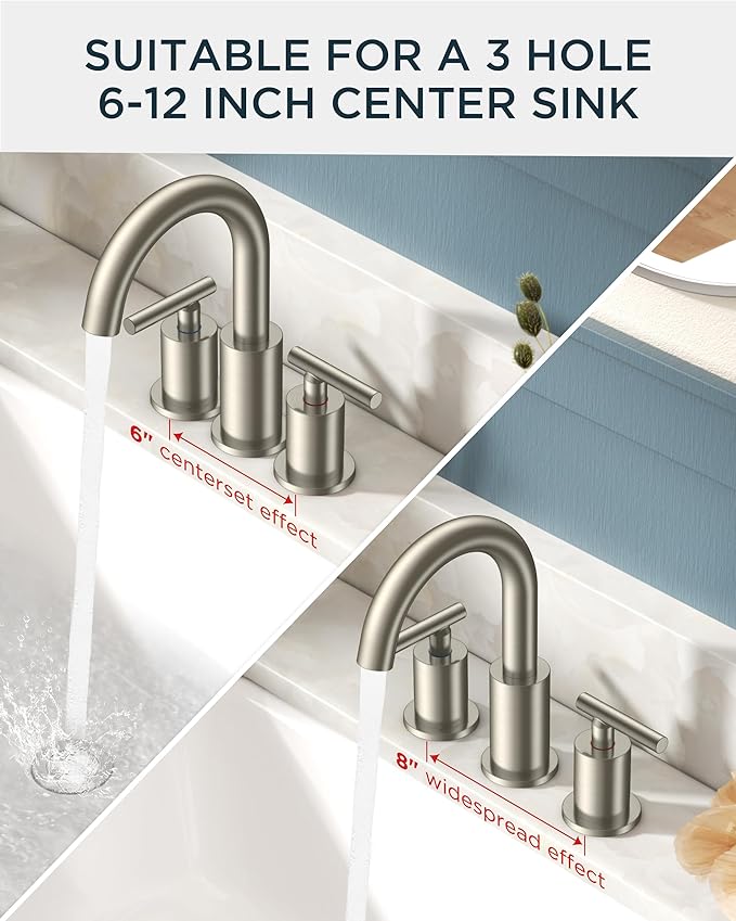FORIOUS Brushed Nickel Bathroom Faucet 3 Hole with Metal Pop Up Drain and 24" Supply Hose, 2 Handle 8 Inch Widespread 3 Hole Vanity Faucet for Bathroom Sink Brush Nickel with 360° Swivel Spout