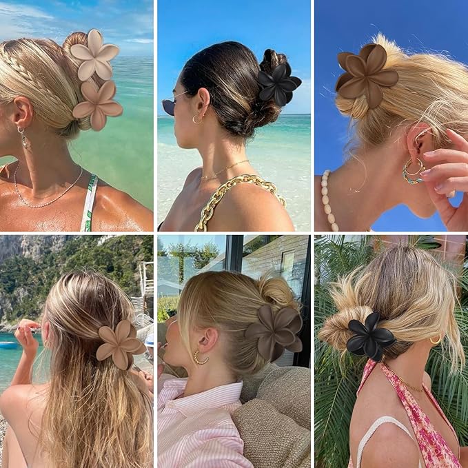 Flower Hair Clips 6 PCS Hawaiian Claw Clips for Vacation Hibiscus Hair Claw Cute Large Hair Clips for Thick and Thin Hair Plumeria Hair Accessories for Women Girls -Coffee