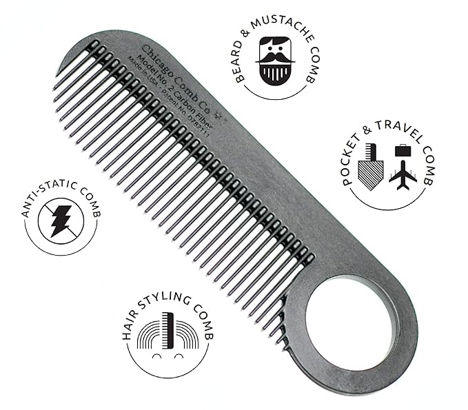 Chicago Comb Model 2 Carbon Fiber, Made in USA, Anti-static, 4 inches (10 cm) long, Fine-tooth, Pocket & Travel comb, for Thinner Hair, Beard & Mustache comb
