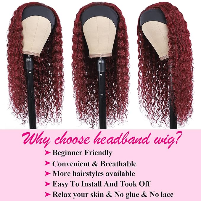 Aiterina Headband Wig deep wave human hair wigs for Black Women Brazilian Remy Hair Glueless Non Lace Front Wig 150% Density (22 inch, 99J)