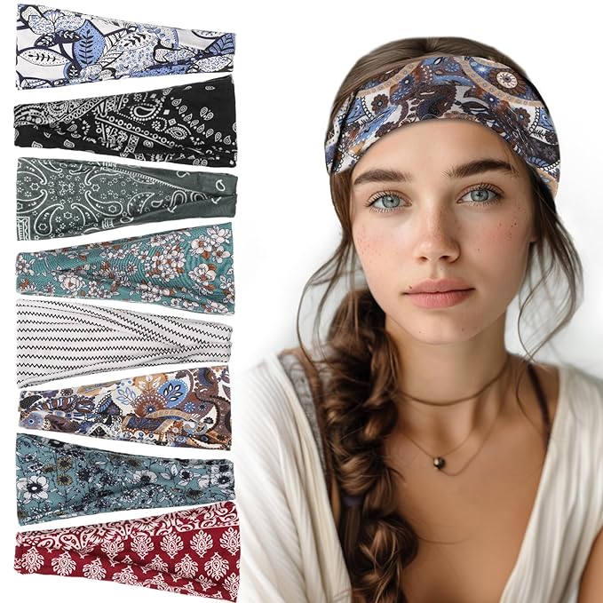 obeoby 8 Pack Headbands for Women, Boho Style Headbands Valentine Day Outfit Accessories for Women Non Slip Fashion Wide Hairband