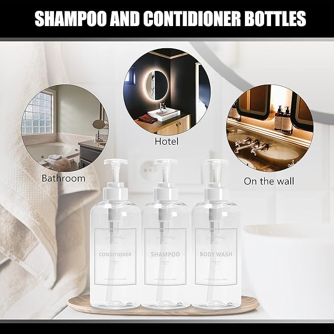 3pcs Refillable Shower Dispensers - Clear Shampoo & Soap Bottles with Pumps, 16.9oz