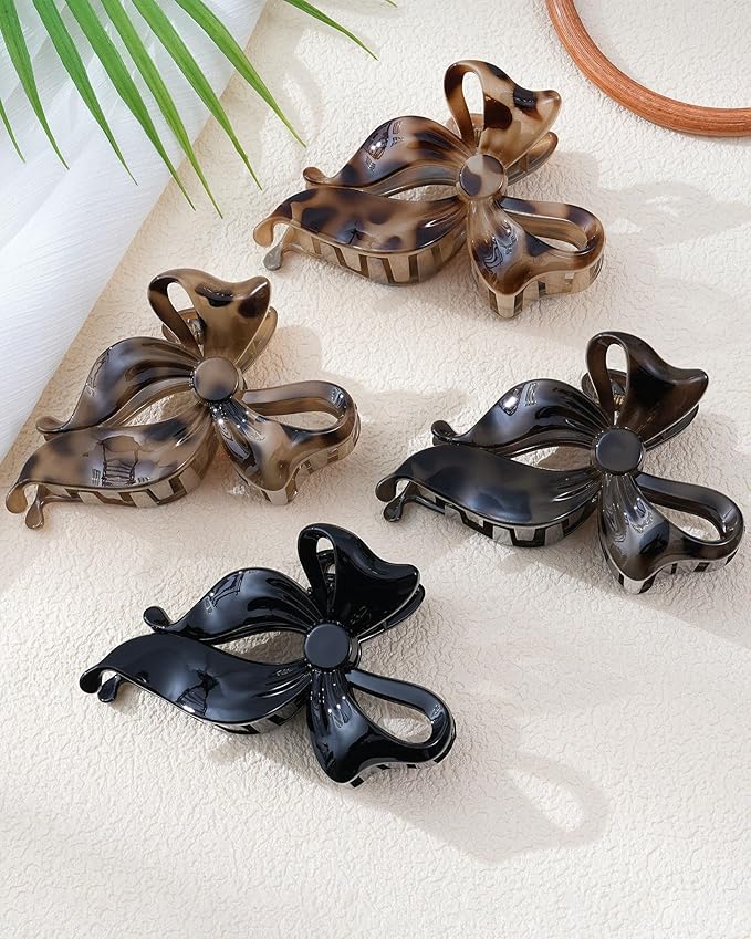 Mesovor 4 pack Cute Bow Claw Clip for Women, Nonslip Large Matte Strong Hold Bows Hair Clips for Thin and Thick Hair | Chic Hair Styling Accessories (Tortoise Polished)