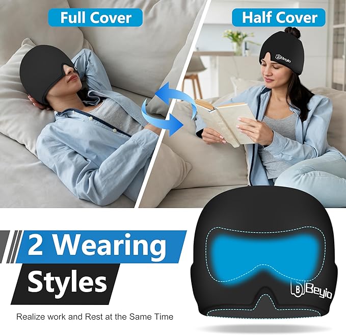 Migraine Relief Cap, All Around Gel Covered Reusable Headache Relief Cap, Black Migraine Cap for Headache Relief, Puffy Eyes