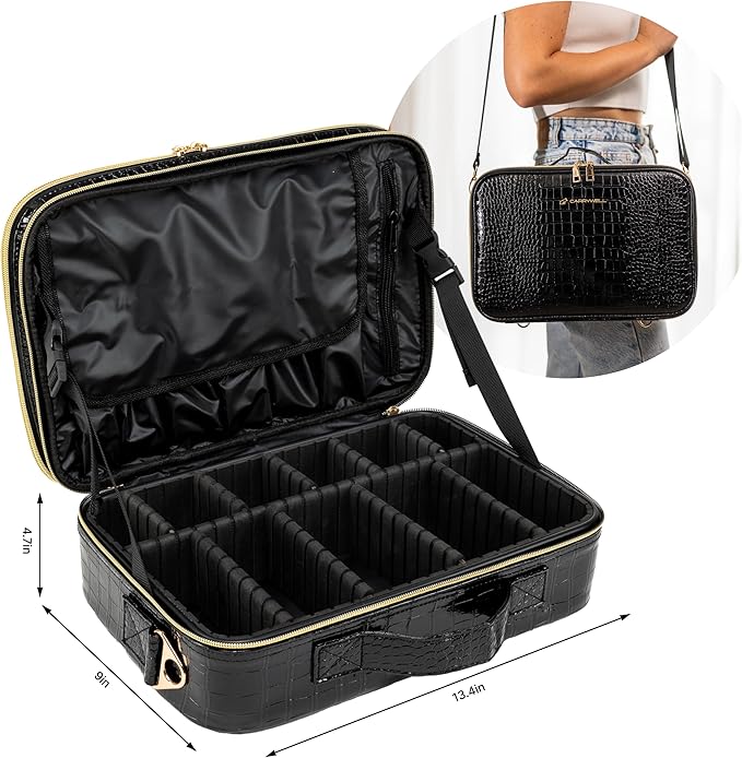 Carrywell Makeup Bag Travel Case, Not-Made In China, Hard Train Case for Cosmetics, Portable Beauty Artists Organizer, Storage Box With Adjustable Dividers For Make Up and Brushes, Medium Crocodile