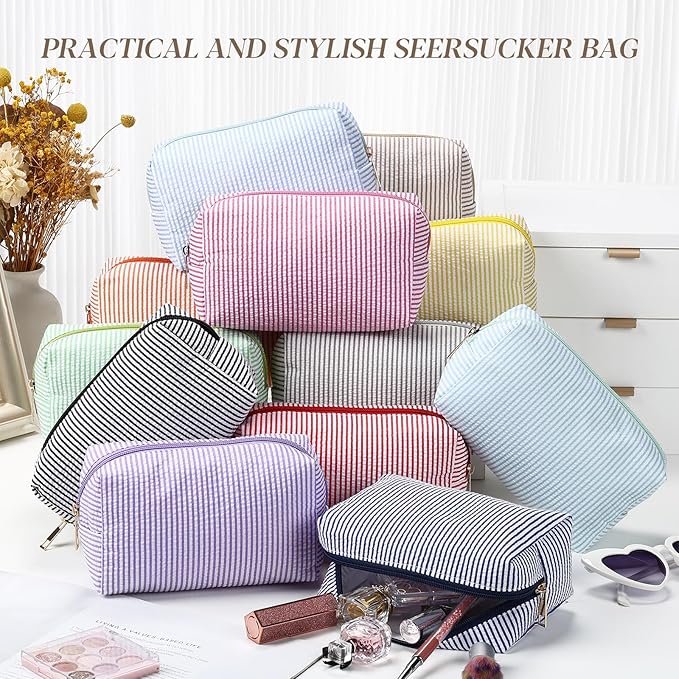 Sanwuta 12 Pcs Seersucker Cosmetic Bags Bulk Seersucker Makeup Bags Stripe Women Pouch Large Preppy Storage Pouch Toiletry Travel Organizer for Wedding Bridesmaid Bride Favor Mom Gift (Neutral)