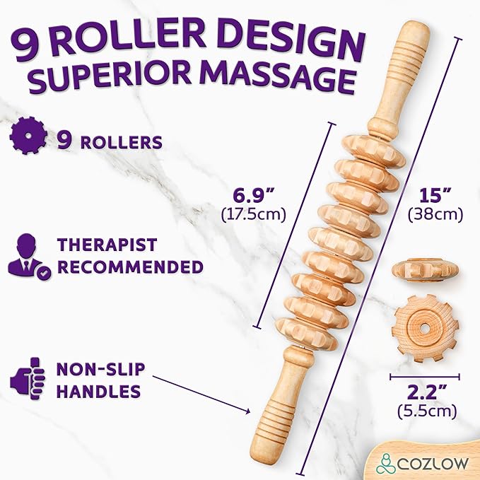 Wooden Massage Roller Stick (9 Rollers) - Curved Wood Therapy Massage Tool for Body Sculpting, Fascia Release & Lymphatic Drainage - Maderotherapy Helps Reduce Cellulite Appearance - by Cozlow