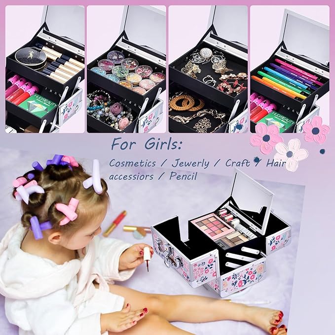 Joligrace Makeup Case for Girls Cosmetic Train Case Makeup Storage Box Jewelry Organizer Hair Accessories Lockable with Trays & Mirror Floral