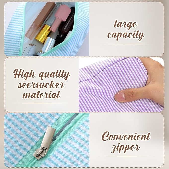 Sanwuta 9 Pcs Seersucker Cosmetic Bag Bulk Pinstripe Makeup Bag for Women Aesthetic Cute Travel Toiletry Organizer Preppy Storage Pouch for Wedding Bridesmaid Christmas Gift (Large, Candy Color)