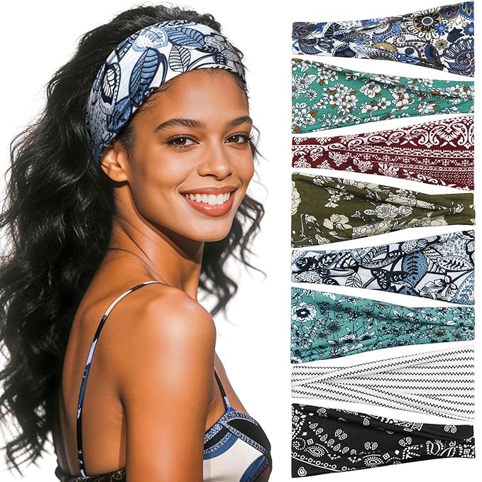 Headbands for Women, 8 Pack Non-Slip Moisture Wicking Sports Wide Head Bands, Stretchy Elastic Fabric, Multiple Colors Securing Hair for Fashion, Sports, Yoga, Running, Daily Life