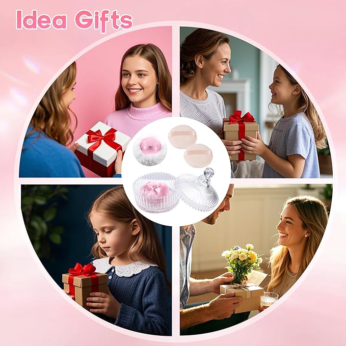 Extra Large Body Powder Puff and Container Set Crystal Powder Container with 3 Soft Velour Power Puffs for Women Baby Face Body Washable Reusable Wet Dry Makeup Valentine's Mother's Day Gifts