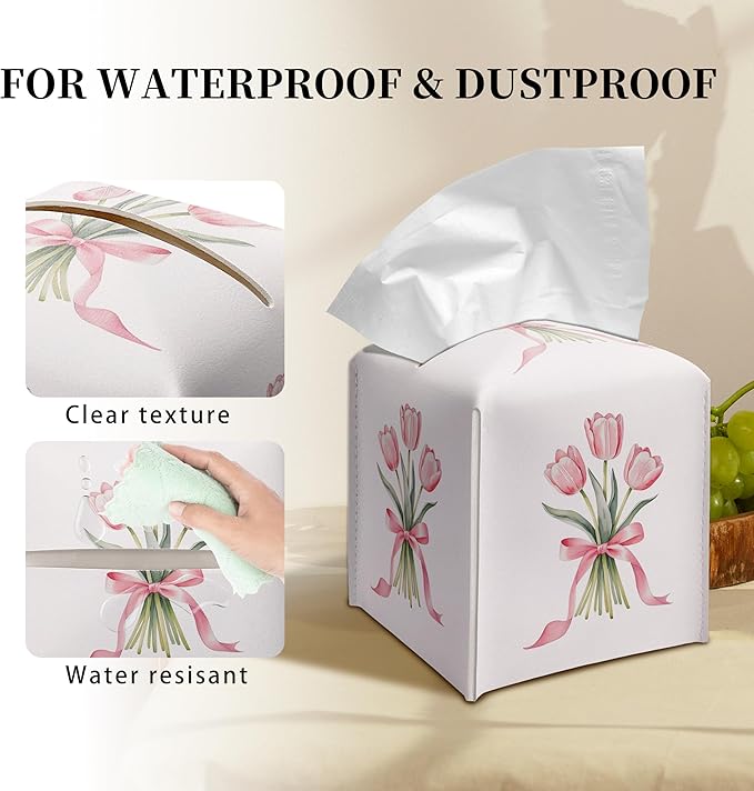 Grace Yonks Cute Tissue Box Cover Square - Pink Tulip Bouquet & Ribbon Design 5.2" PU Leather Holder for Vanity, Desk, or Bathroom Counter - Cube Case for Facial Tissues(010)