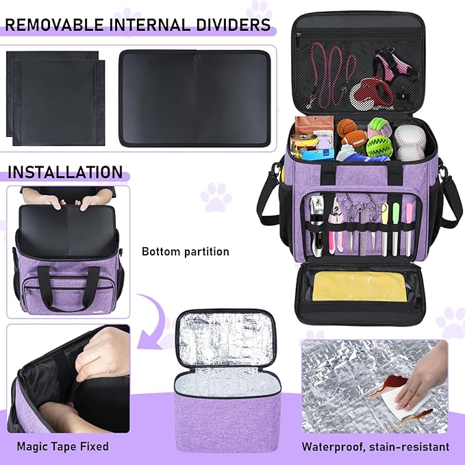GMAK Pet Grooming Bag, Dog Grooming Tote Bags Supplies Organizer Case Pets Tools Organizer Tote for Dog Cat Grooming Tool Kit and Accessories, Purple(Bag Only)