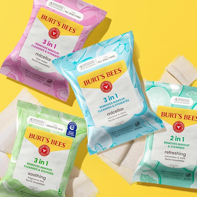 Burt’s Bees Micellar Rose Water Facial Towelettes, 100% Plant Based Cloth; 99% Natural Origin; Remove Makeup, Cleanse, Hydrate; No Oily Residue; All Skin Types; 30 Ct, Pack of 3 (Pack May Vary)