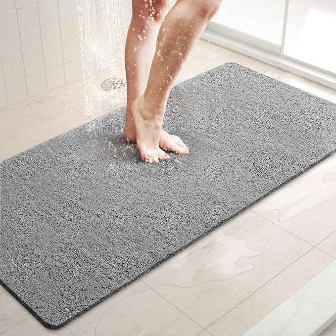 LuxStep Shower Mat Bathtub Mat,40x16 inch, Non-Slip Bath Mat with Drain, Quick Drying PVC Loofah Bathmat for Tub,Shower,Bathroom,Grey