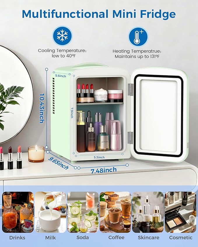Mini Fridge for Bedroom, 4L/6 Cans Small Cosmetic Fridge for Skincare, Makeup, Medicine & Beverage, Portable Desk Fridge Cooler and Warmer for Kids, Car, Office, Dorm, Green