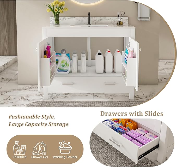 Montary 42" Bathroom Vanity with 43" Sintered Stone Carrara White Top, Modern Stylish MDF Bathroom Storage Cabinet, Vanity Set with 2 Doors and One Large Divided Drawer, White (Single Hole)