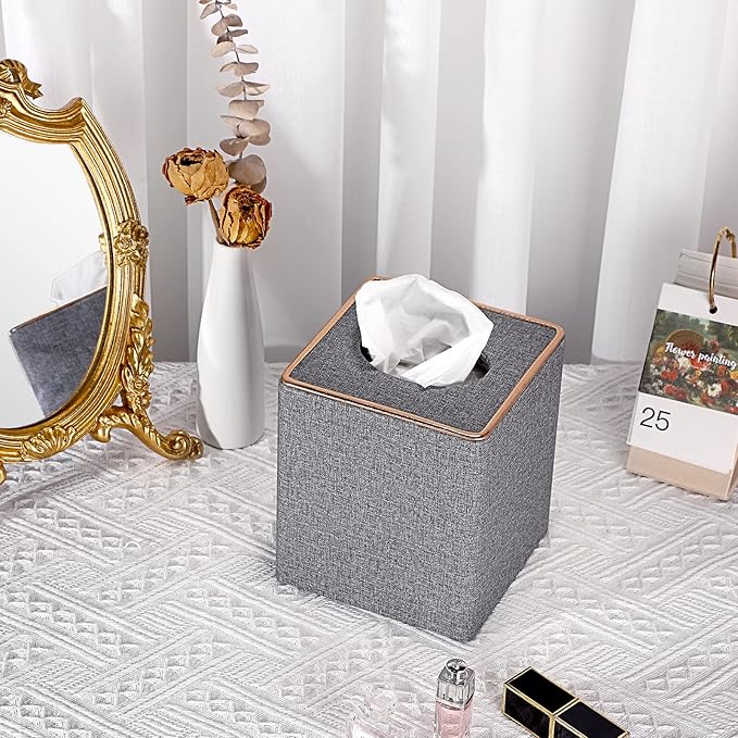 Sumnacon Square Linen Tissue Box Cover - Stylish Cube Tissue Box Holder with Magnetic Bottom, Decorative Tissue Box for Vanity Toilet Tank Dresser Night Stand Table Countertop Office Car, Grey