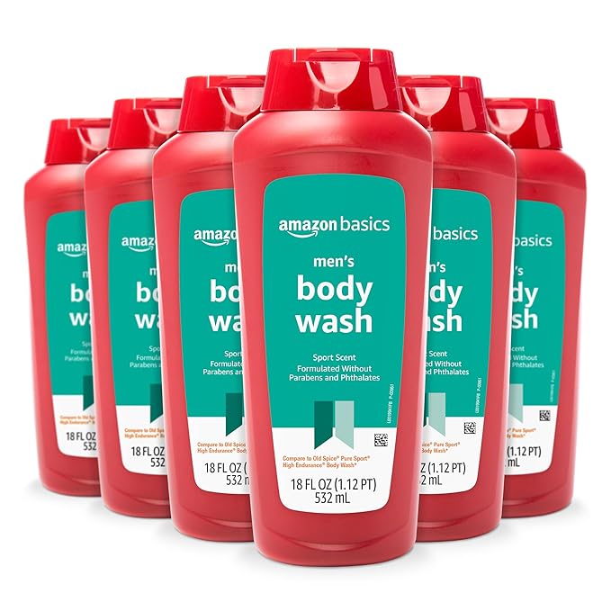 Amazon Basics Men's Body Wash, Sport Scent, Paraben and Phthalate Free, Refreshing Clean, 18 Fluid Ounce, 6-Pack