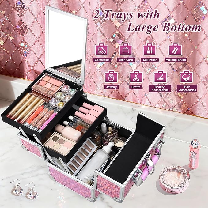 FRENESSA Makeup Case Organizer Cosmetic Box Storage Portable Makeup Train Case with Mirror 2 Trays Travel Vanity Box for Cosmetics Nail Kits Craft Tools Case Aluminum Hard Make Up Organizer Shiny Pink