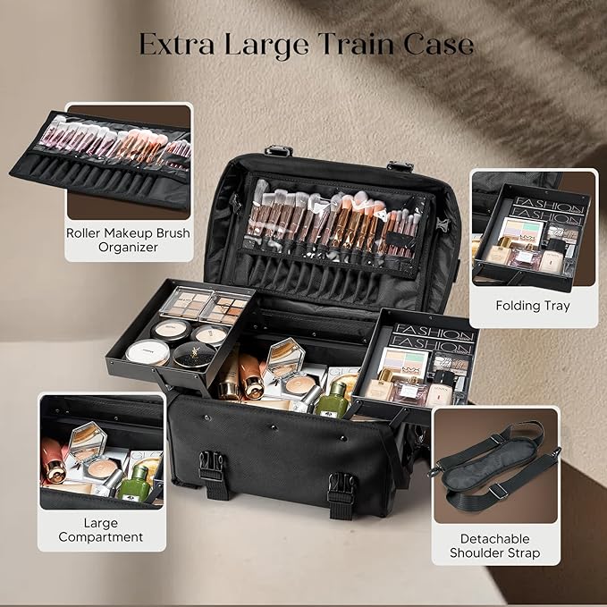 Costravio Travel Makeup Bag, Cosmetology Case on Wheels, 2 IN 1 Hair Tool Organizer, Rolling Nail Organizer Train Case, Large Cosmetic Trolley Suitcase for MUA/Hairstyling/Home-care/Groomer, Black