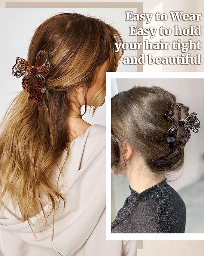 Mesovor 4 pack Cute Bow Claw Clip for Women, Nonslip Large Matte Strong Hold Bows Hair Clips for Thin and Thick Hair | Chic Hair Styling Accessories (Blue Leopard, Coffee Leopard)